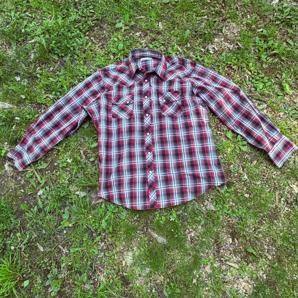Wrangler Wrancher Mens‎ Red Black Plaid Long Sleeve Western Pearl Snap Shirt XL